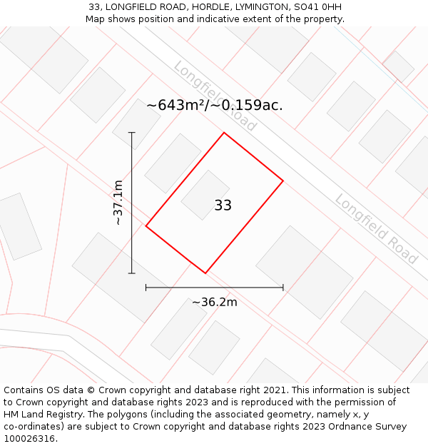 33, LONGFIELD ROAD, HORDLE, LYMINGTON, SO41 0HH: Plot and title map