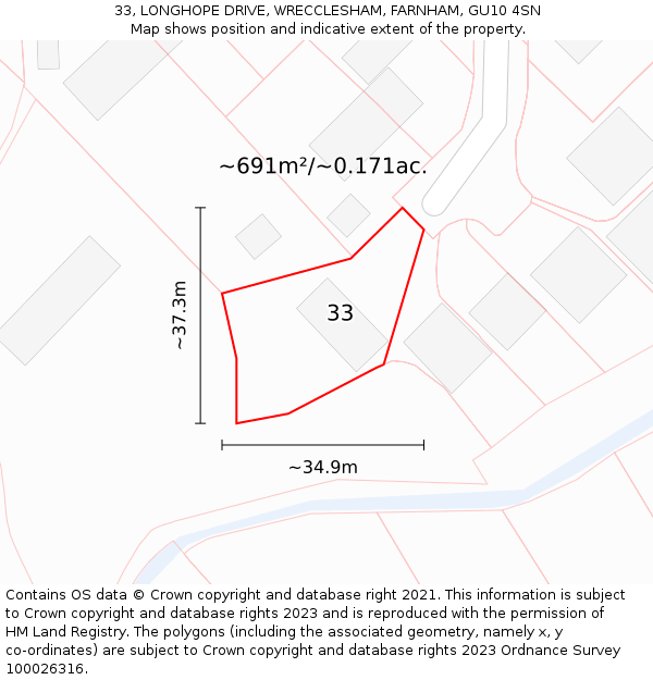 33, LONGHOPE DRIVE, WRECCLESHAM, FARNHAM, GU10 4SN: Plot and title map