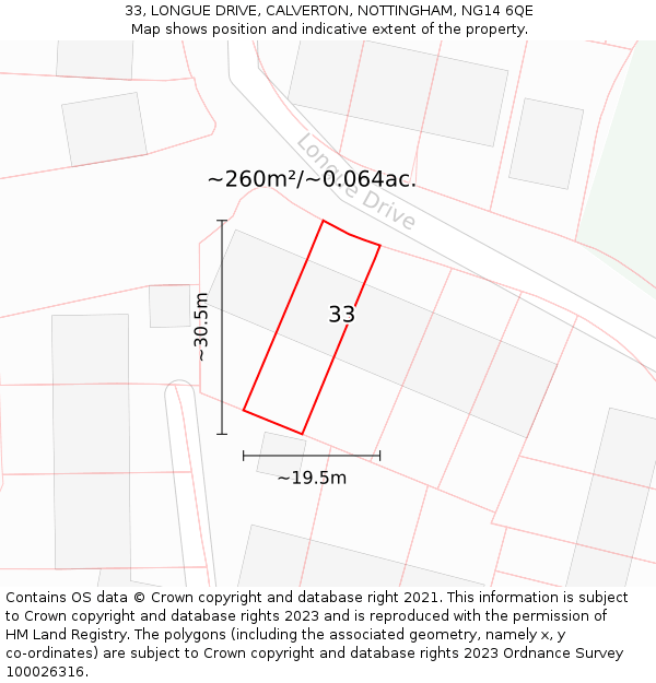 33, LONGUE DRIVE, CALVERTON, NOTTINGHAM, NG14 6QE: Plot and title map