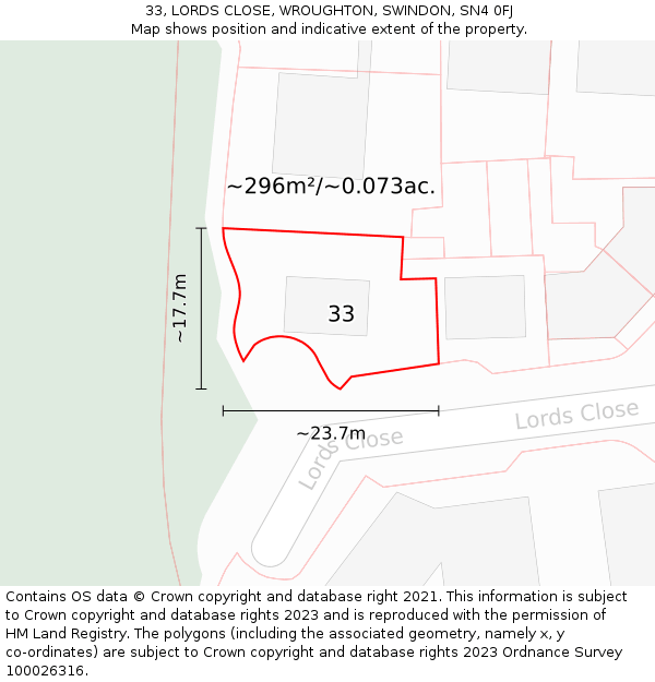 33, LORDS CLOSE, WROUGHTON, SWINDON, SN4 0FJ: Plot and title map