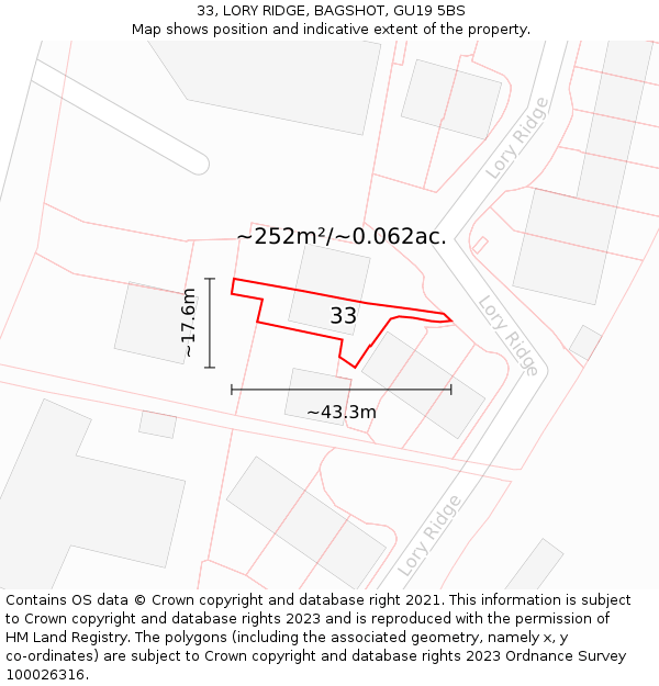 33, LORY RIDGE, BAGSHOT, GU19 5BS: Plot and title map
