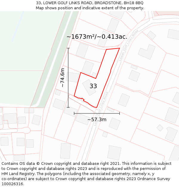 33, LOWER GOLF LINKS ROAD, BROADSTONE, BH18 8BQ: Plot and title map