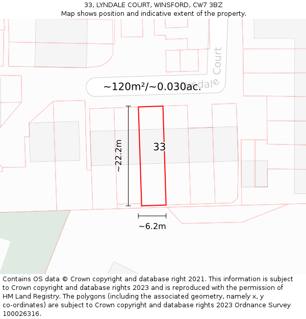 33, LYNDALE COURT, WINSFORD, CW7 3BZ: Plot and title map