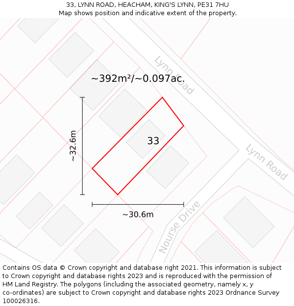 33, LYNN ROAD, HEACHAM, KING'S LYNN, PE31 7HU: Plot and title map