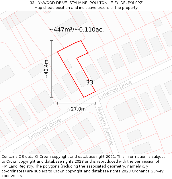 33, LYNWOOD DRIVE, STALMINE, POULTON-LE-FYLDE, FY6 0PZ: Plot and title map