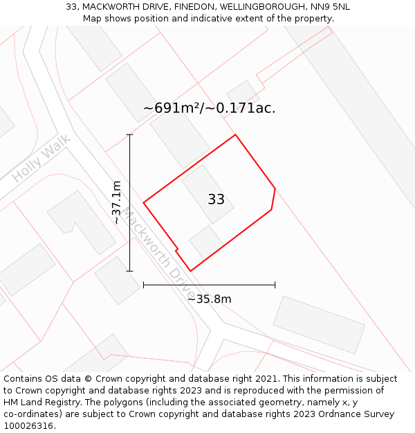 33, MACKWORTH DRIVE, FINEDON, WELLINGBOROUGH, NN9 5NL: Plot and title map