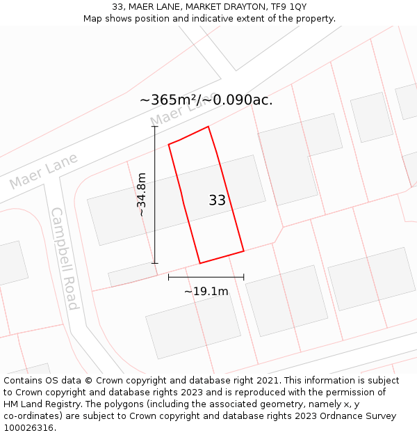 33, MAER LANE, MARKET DRAYTON, TF9 1QY: Plot and title map