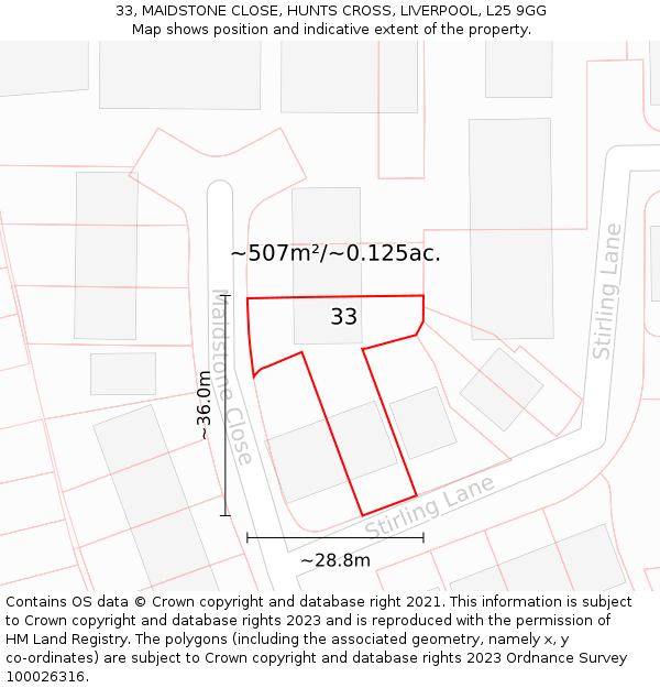 33, MAIDSTONE CLOSE, HUNTS CROSS, LIVERPOOL, L25 9GG: Plot and title map