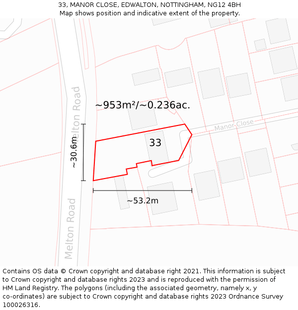 33, MANOR CLOSE, EDWALTON, NOTTINGHAM, NG12 4BH: Plot and title map