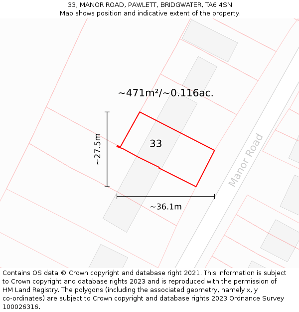 33, MANOR ROAD, PAWLETT, BRIDGWATER, TA6 4SN: Plot and title map