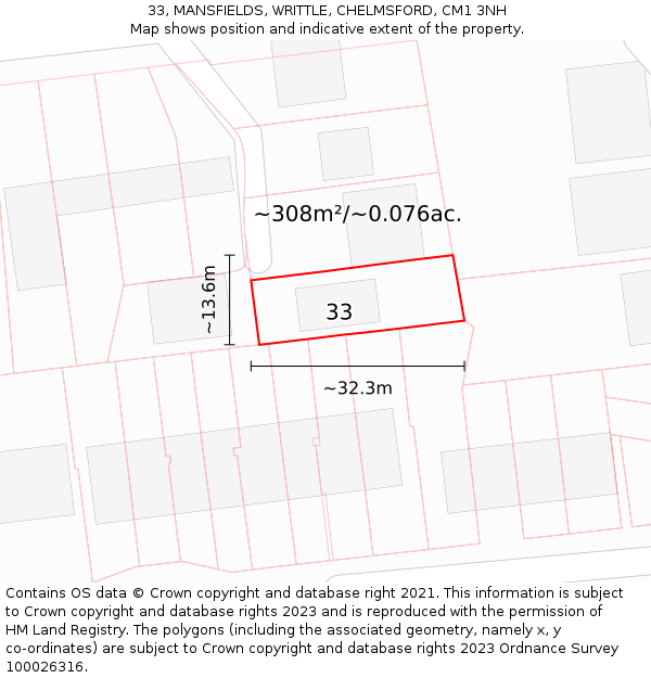 33, MANSFIELDS, WRITTLE, CHELMSFORD, CM1 3NH: Plot and title map
