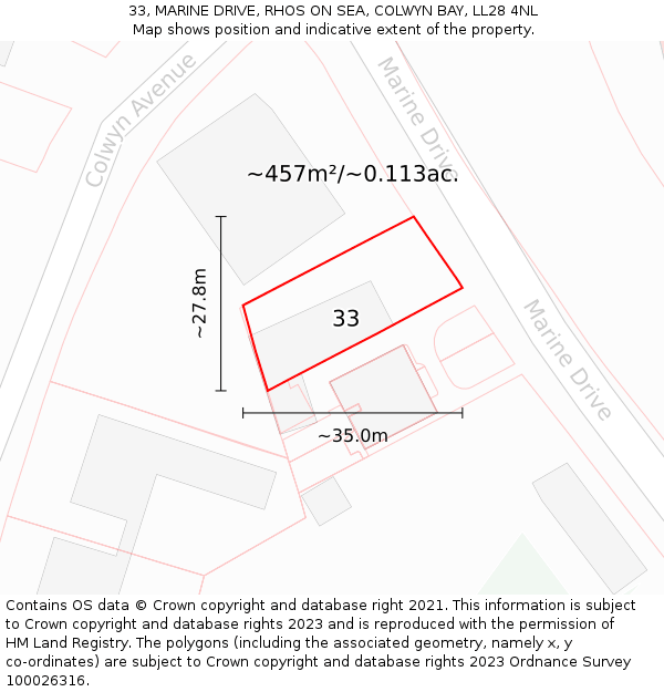 33, MARINE DRIVE, RHOS ON SEA, COLWYN BAY, LL28 4NL: Plot and title map