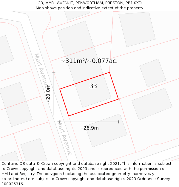 33, MARL AVENUE, PENWORTHAM, PRESTON, PR1 0XD: Plot and title map
