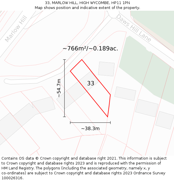 33, MARLOW HILL, HIGH WYCOMBE, HP11 1PN: Plot and title map