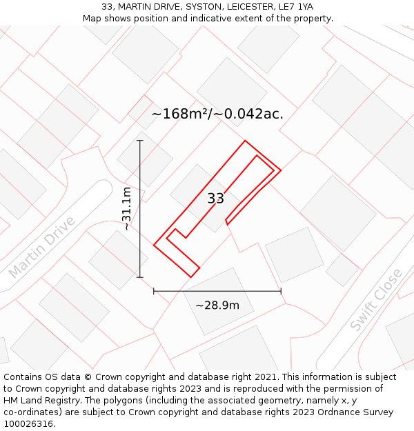 33, MARTIN DRIVE, SYSTON, LEICESTER, LE7 1YA: Plot and title map