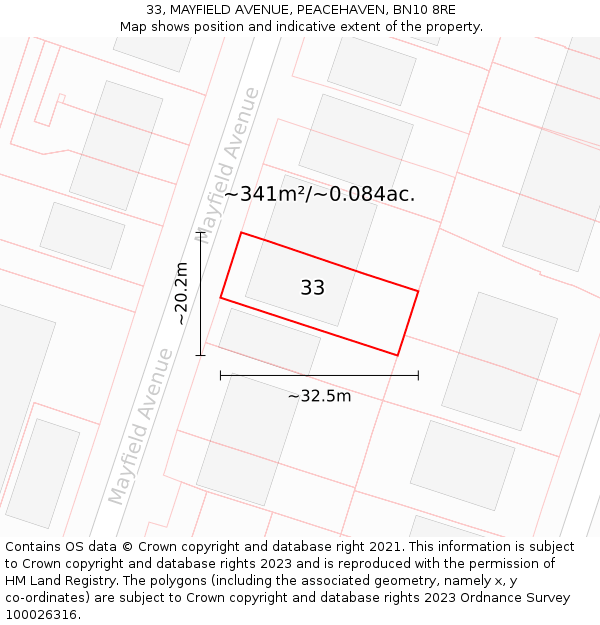 33, MAYFIELD AVENUE, PEACEHAVEN, BN10 8RE: Plot and title map