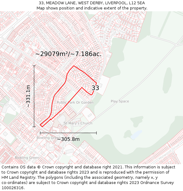 33, MEADOW LANE, WEST DERBY, LIVERPOOL, L12 5EA: Plot and title map