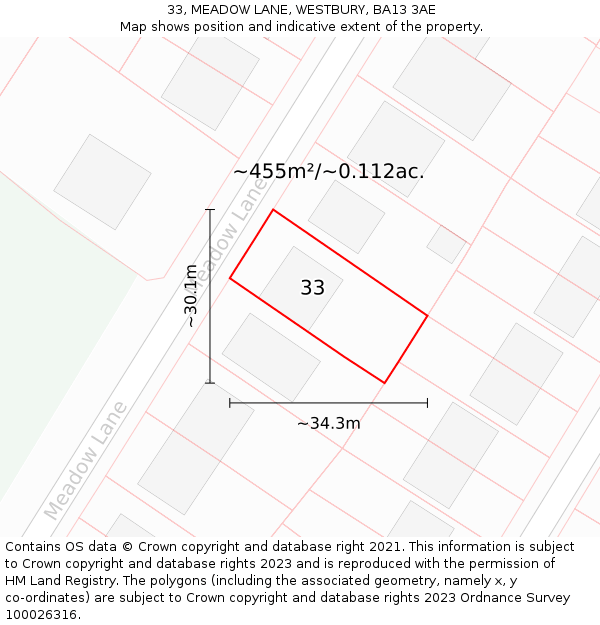 33, MEADOW LANE, WESTBURY, BA13 3AE: Plot and title map