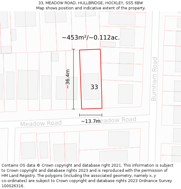 33, MEADOW ROAD, HULLBRIDGE, HOCKLEY, SS5 6BW: Plot and title map