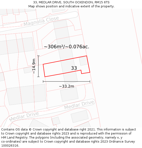 33, MEDLAR DRIVE, SOUTH OCKENDON, RM15 6TS: Plot and title map