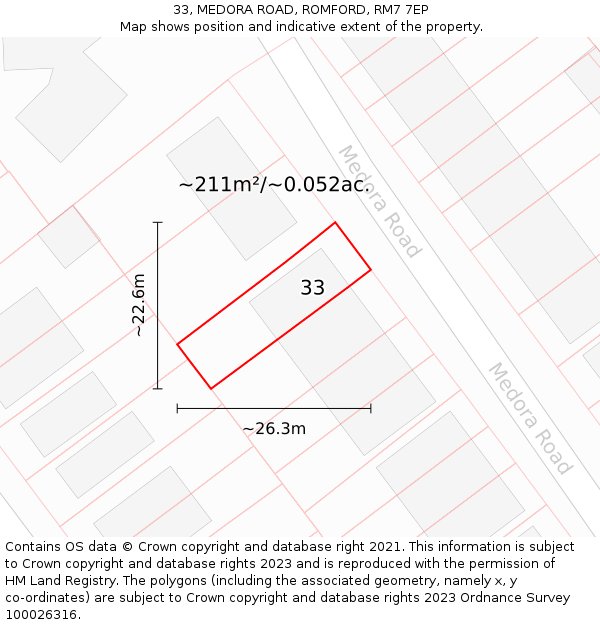 33, MEDORA ROAD, ROMFORD, RM7 7EP: Plot and title map