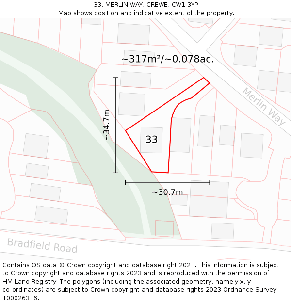 33, MERLIN WAY, CREWE, CW1 3YP: Plot and title map