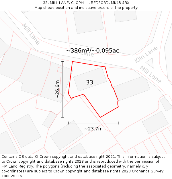 33, MILL LANE, CLOPHILL, BEDFORD, MK45 4BX: Plot and title map