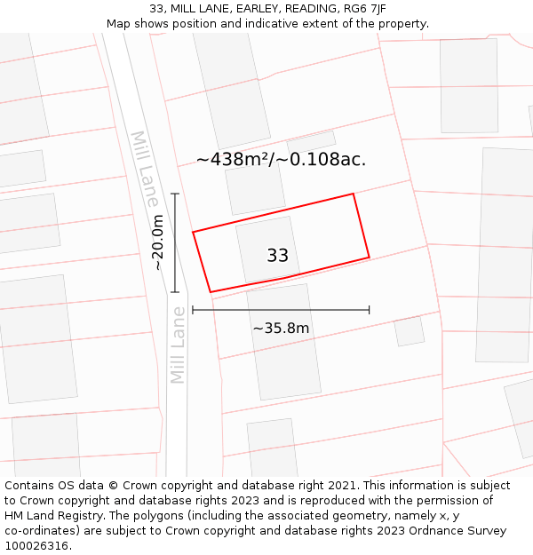 33, MILL LANE, EARLEY, READING, RG6 7JF: Plot and title map