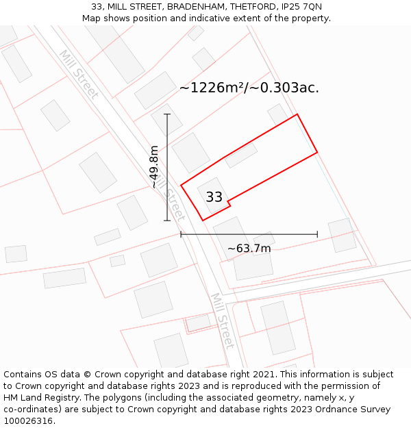 33, MILL STREET, BRADENHAM, THETFORD, IP25 7QN: Plot and title map