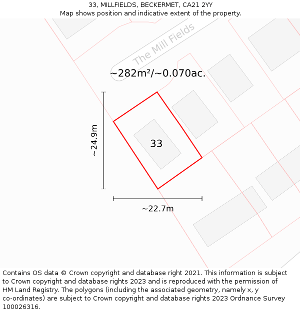 33, MILLFIELDS, BECKERMET, CA21 2YY: Plot and title map