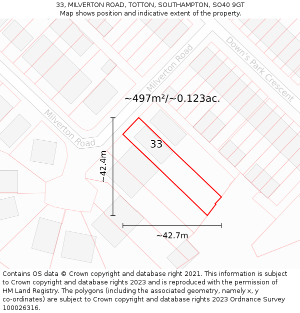 33, MILVERTON ROAD, TOTTON, SOUTHAMPTON, SO40 9GT: Plot and title map