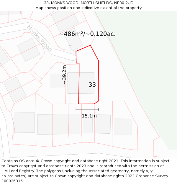 33, MONKS WOOD, NORTH SHIELDS, NE30 2UD: Plot and title map