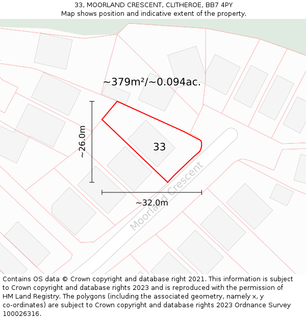 33, MOORLAND CRESCENT, CLITHEROE, BB7 4PY: Plot and title map