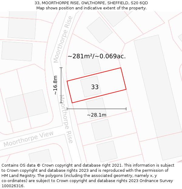 33, MOORTHORPE RISE, OWLTHORPE, SHEFFIELD, S20 6QD: Plot and title map