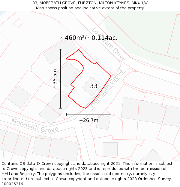 33, MOREBATH GROVE, FURZTON, MILTON KEYNES, MK4 1JW: Plot and title map