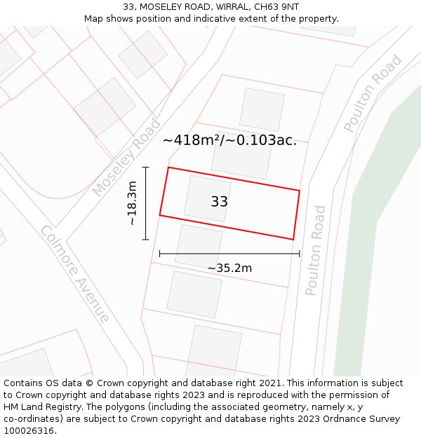 33, MOSELEY ROAD, WIRRAL, CH63 9NT: Plot and title map