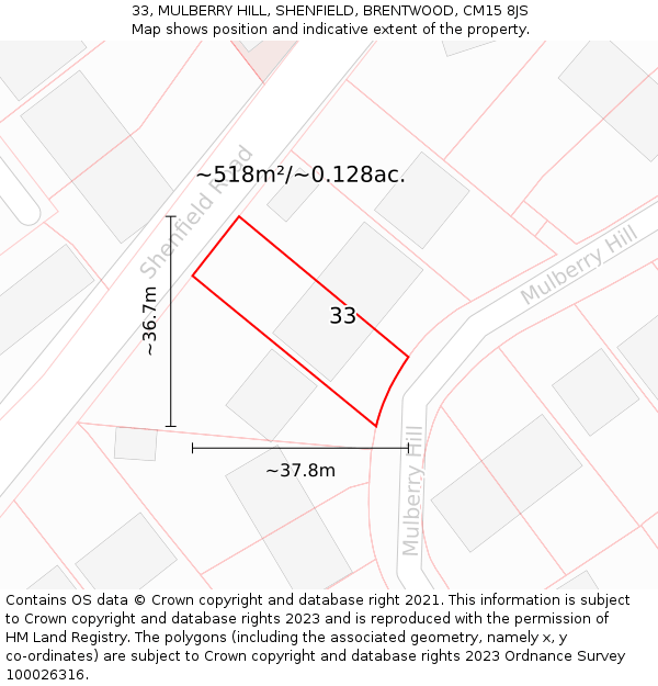 33, MULBERRY HILL, SHENFIELD, BRENTWOOD, CM15 8JS: Plot and title map