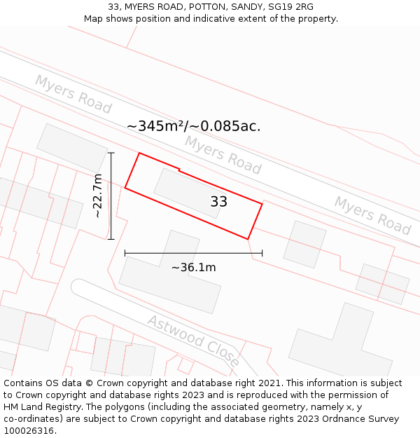 33, MYERS ROAD, POTTON, SANDY, SG19 2RG: Plot and title map