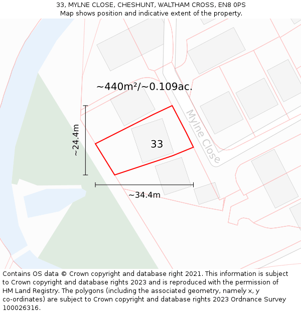 33, MYLNE CLOSE, CHESHUNT, WALTHAM CROSS, EN8 0PS: Plot and title map