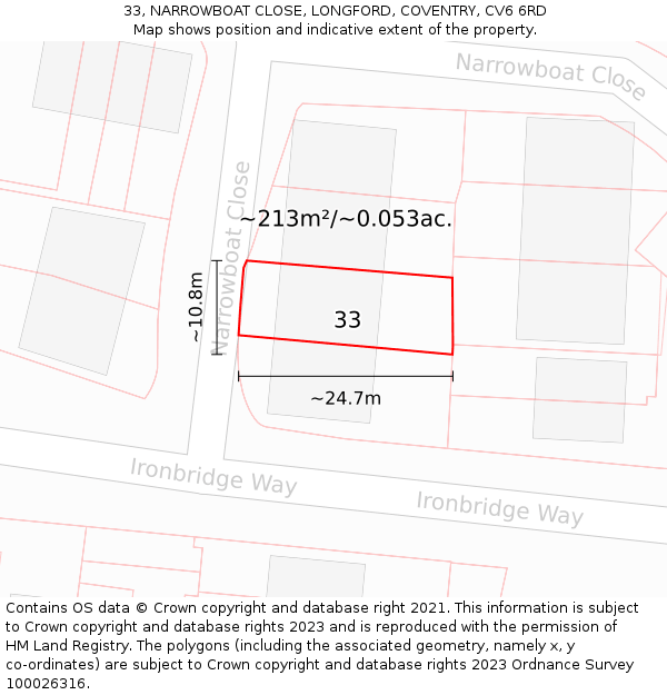 33, NARROWBOAT CLOSE, LONGFORD, COVENTRY, CV6 6RD: Plot and title map