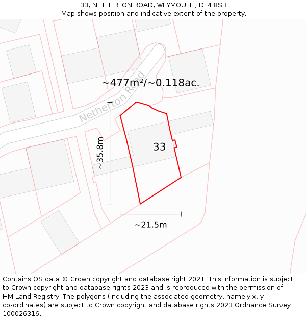 33, NETHERTON ROAD, WEYMOUTH, DT4 8SB: Plot and title map