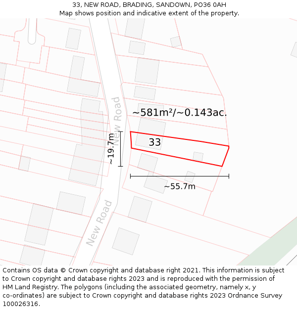 33, NEW ROAD, BRADING, SANDOWN, PO36 0AH: Plot and title map