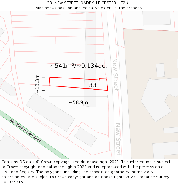 33, NEW STREET, OADBY, LEICESTER, LE2 4LJ: Plot and title map