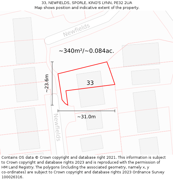 33, NEWFIELDS, SPORLE, KING'S LYNN, PE32 2UA: Plot and title map