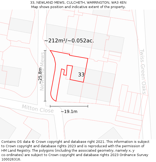 33, NEWLAND MEWS, CULCHETH, WARRINGTON, WA3 4EN: Plot and title map