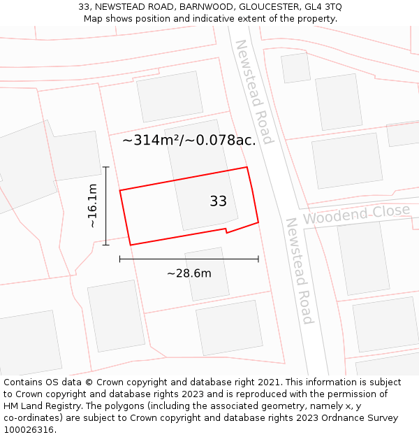 33, NEWSTEAD ROAD, BARNWOOD, GLOUCESTER, GL4 3TQ: Plot and title map