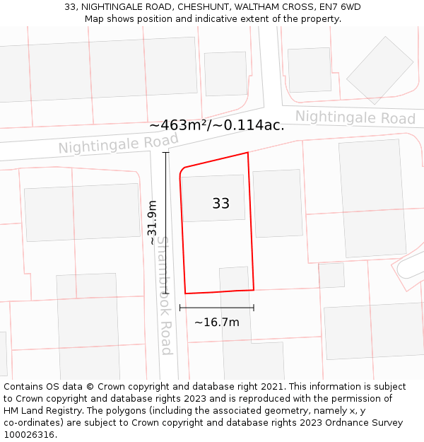 33, NIGHTINGALE ROAD, CHESHUNT, WALTHAM CROSS, EN7 6WD: Plot and title map