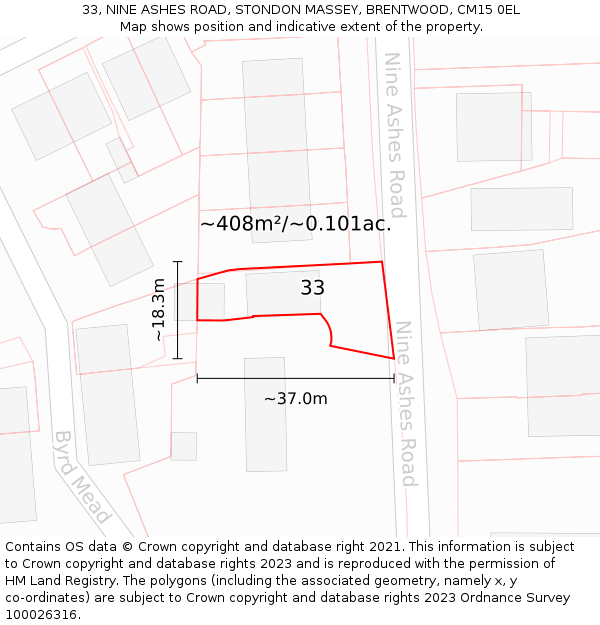 33, NINE ASHES ROAD, STONDON MASSEY, BRENTWOOD, CM15 0EL: Plot and title map