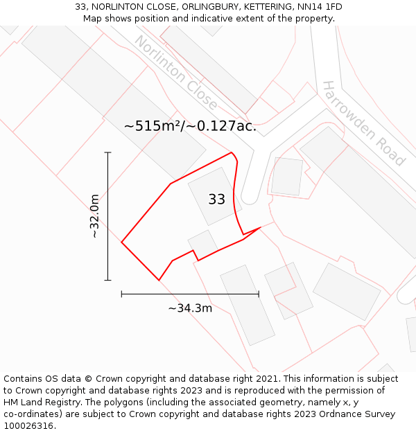 33, NORLINTON CLOSE, ORLINGBURY, KETTERING, NN14 1FD: Plot and title map
