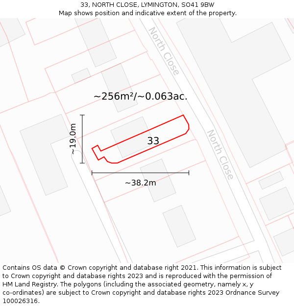 33, NORTH CLOSE, LYMINGTON, SO41 9BW: Plot and title map